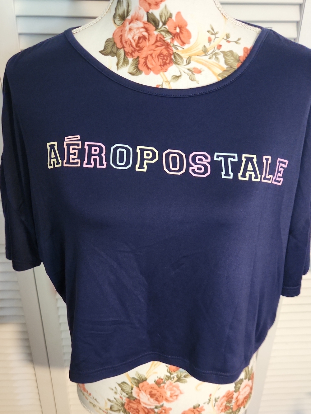Aeropostale Navy Crop Top with Pastel Multicolor Logo